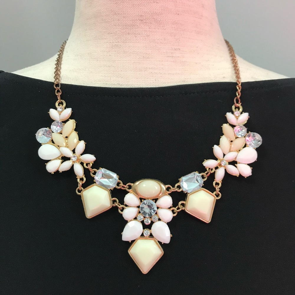 STATEMENT NECKLACE Ivory White Clear Multi-Color Stones in Gold Tone